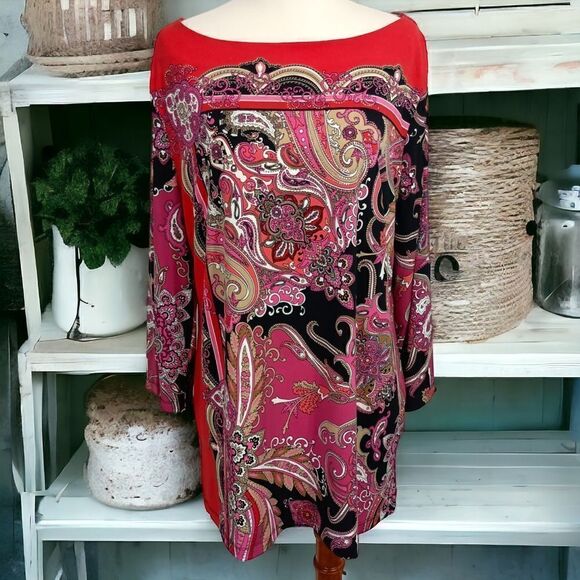 JM Collection Paisley Slinky Tunic L Top Boho Rococo Colorful Baroque Regency - Picture 11 of 16